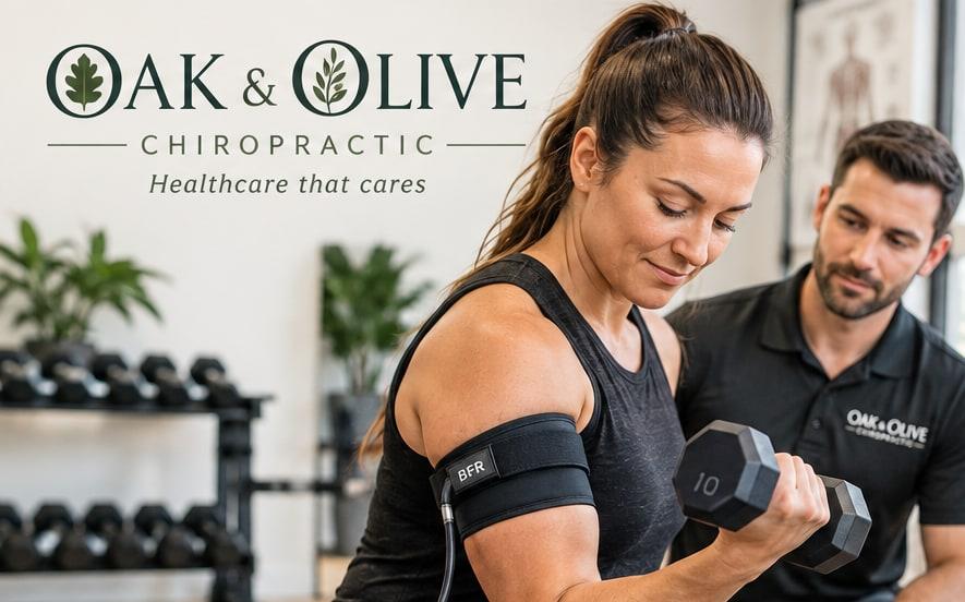 Patient doing a light bicep curl with a blood flow restriction cuff while Dr. Alex Eckert coaches